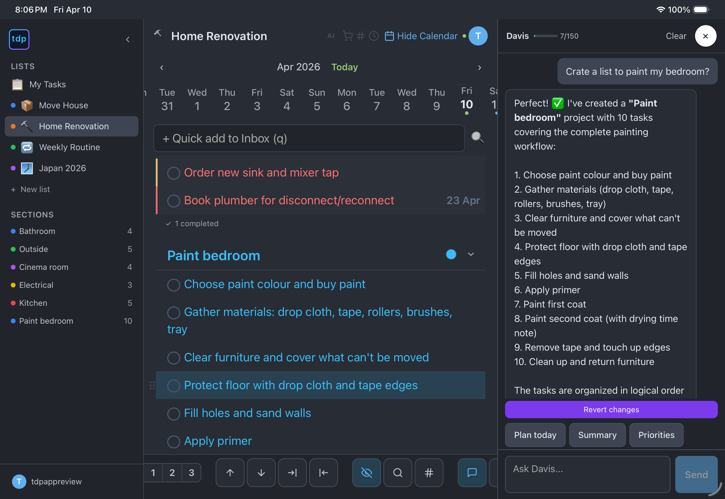 Davis AI creating a Paint Bedroom checklist with 10 steps